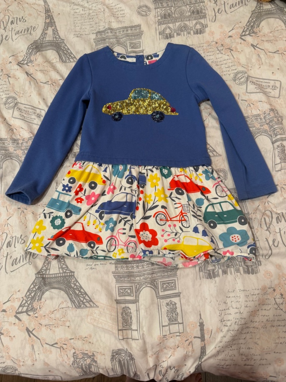Mini Boden Car Print Long-Sleeve Dress with Sequin Car Accent size 5-6